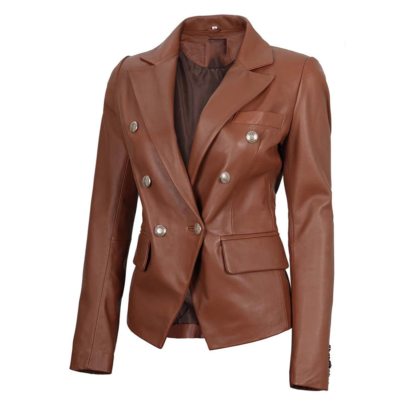 Women’s Double Breasted Brown Leather Blazer Jacket