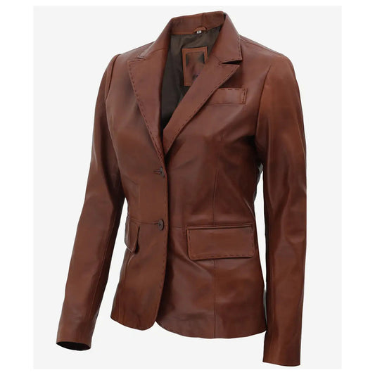 Womens Premium Two Button Brown Leather Blazer
