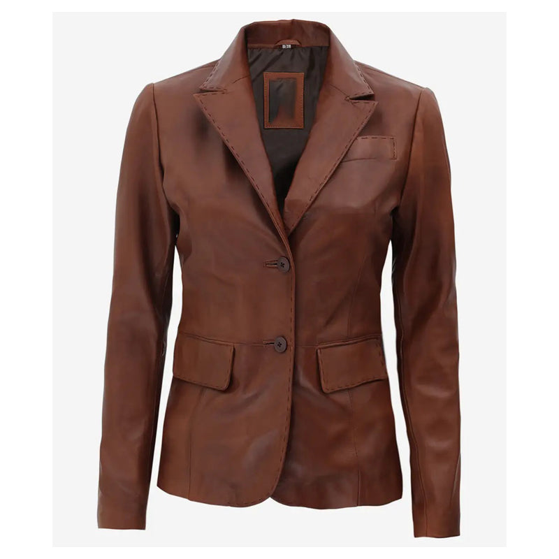 Womens Premium Two Button Brown Leather Blazer