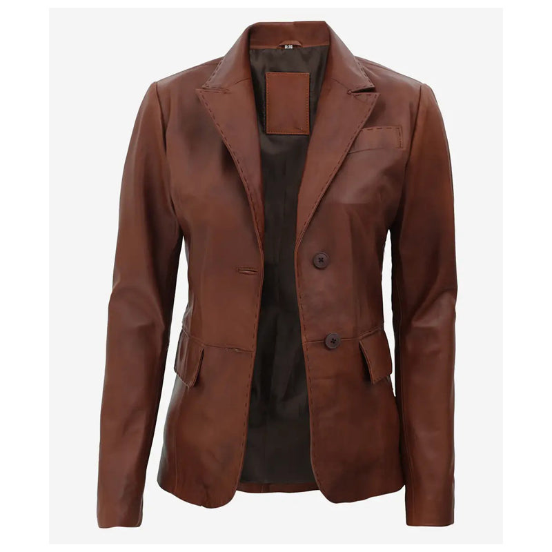 Womens Premium Two Button Brown Leather Blazer