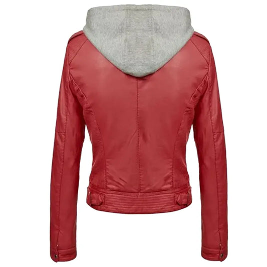 Slim Fit Hooded Red Leather Jacket