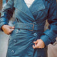Women’s Double Breasted Blue Leather Trench Coat