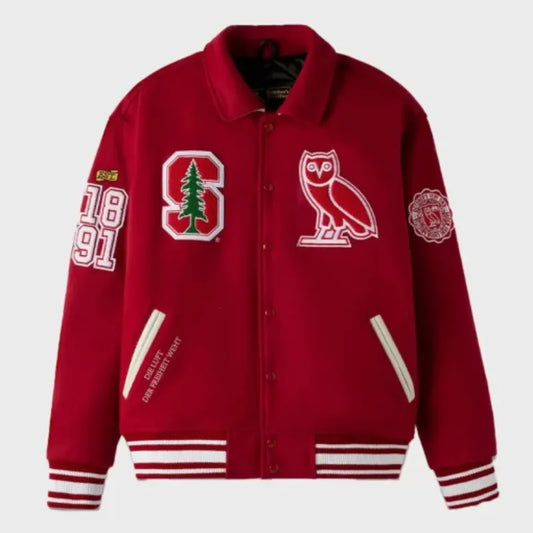 2024 October’s Very Own OVO Campus Red Wool Varsity Jacket Front