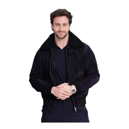 Aaron Taylor-Johnson Suede Aviator Bomber Jacket