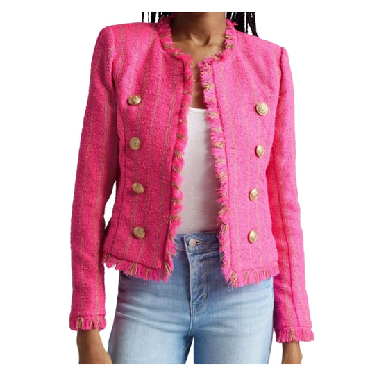America’s Newsroom Dana Perino Pink Tweed Stripe Frayed Trim Jacket