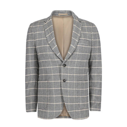 Beige & Black Houndstooth Patterned Cashmere Blazer