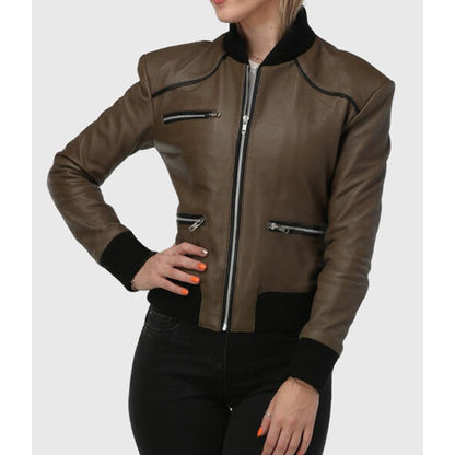 Betty Womens Brown Bomber Leather Jacket