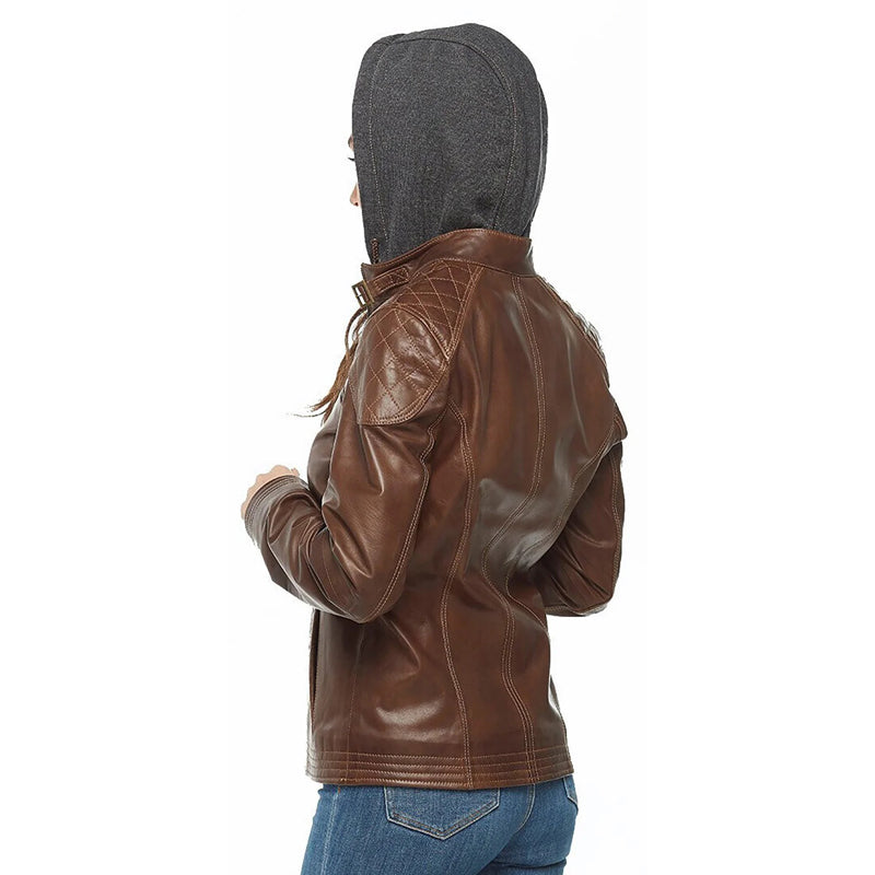 Women’s Real Chocolate Brown Leather Hooded Jacket