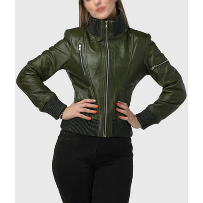 Womens Green Bomber Leather Jacket