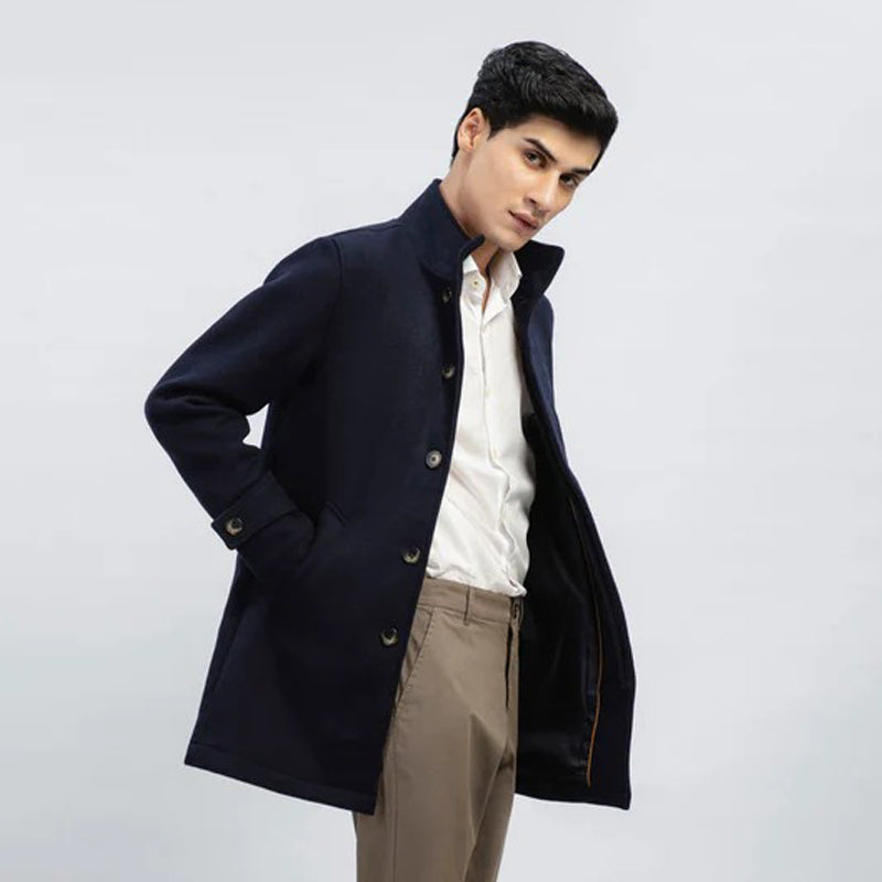 Dark Blue Wool Blended Long Coat