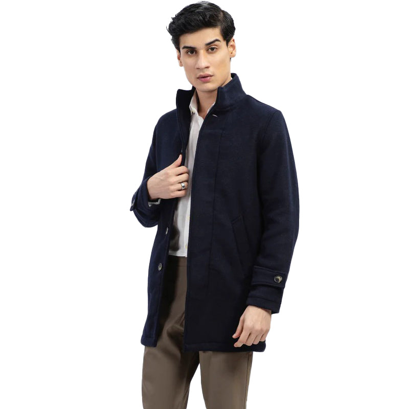 Dark Blue Wool Blended Long Coat