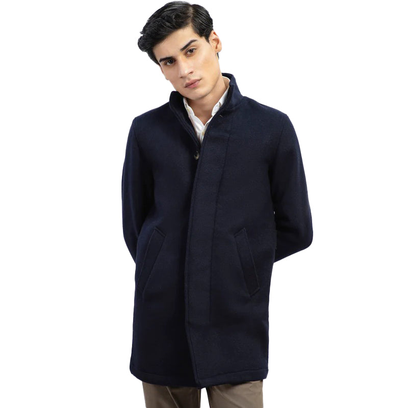 Dark Blue Wool Blended Long Coat