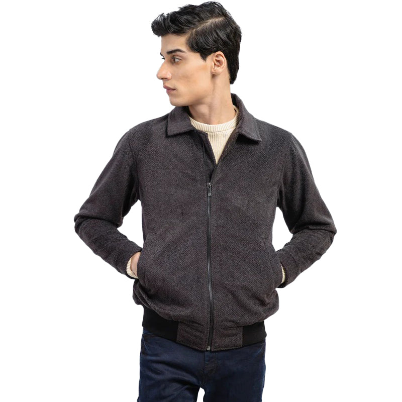 Grey Tweed Wool Blended Classic Collar Jacket