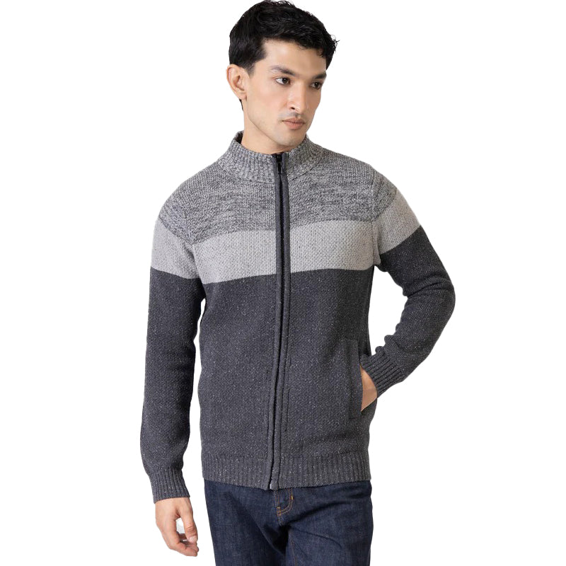 Grey Two Tone Chunky Knitted Zipper Jacket