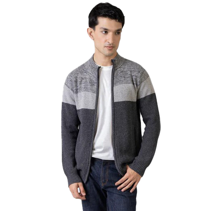 Grey Two Tone Chunky Knitted Zipper Jacket