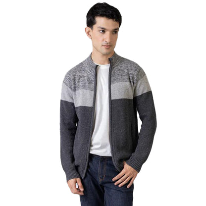 Grey Two Tone Chunky Knitted Zipper Jacket