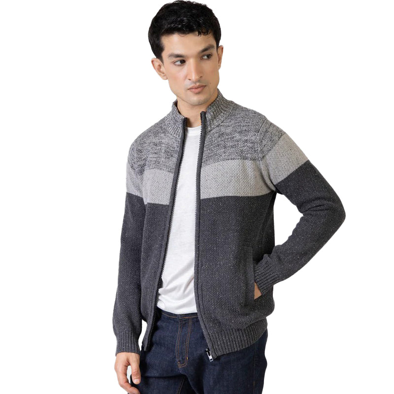 Grey Two Tone Chunky Knitted Zipper Jacket