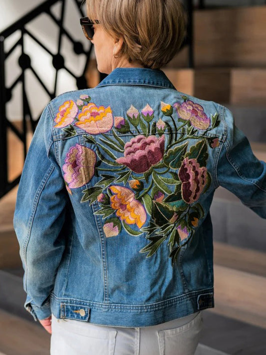 Handmade Mexican Floral Embroidery Jean Jacket