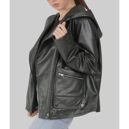 Women’s Black Hooded Biker Leather Jacket
