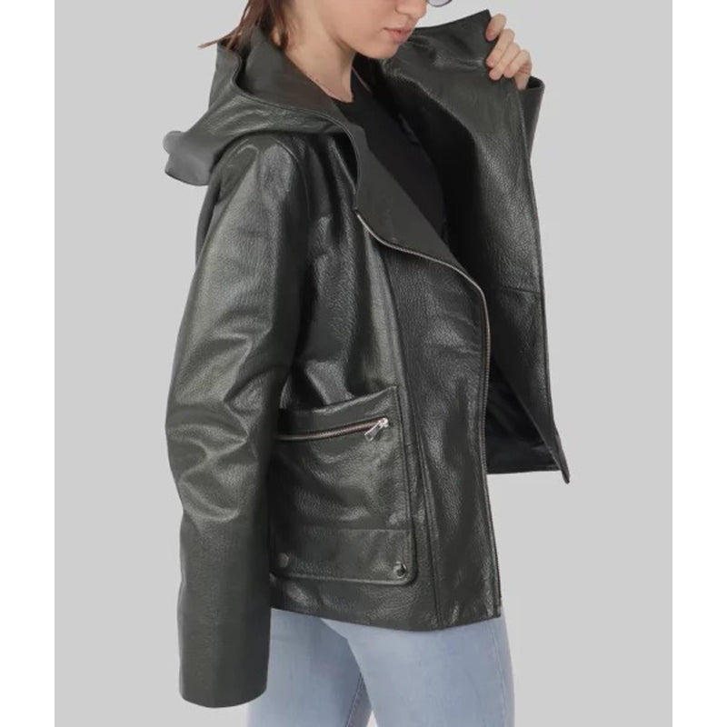 Women’s Black Hooded Biker Leather Jacket