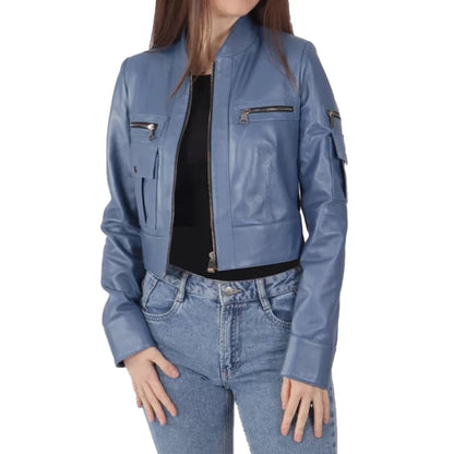 Women's Blue Leather Biker Jacket