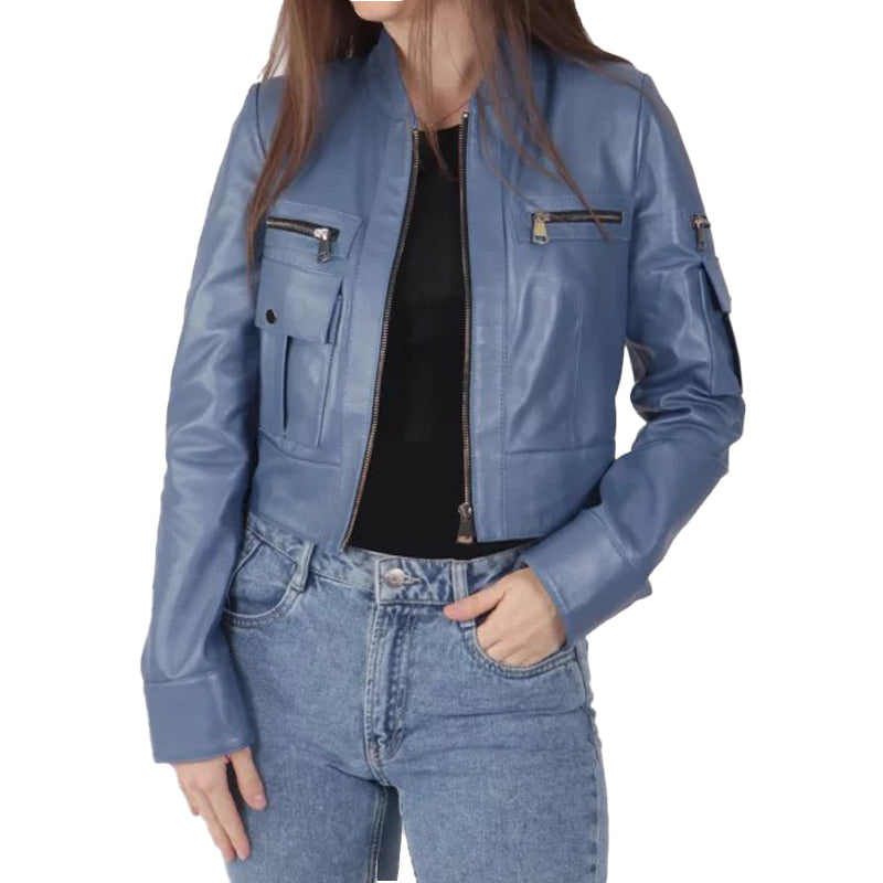 Women’s Blue Leather Biker Jacket