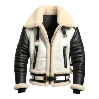 Men's Black &amp; White Aviator B3 Bomber Leather Jacket