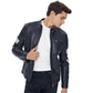 Men’s Real Black Leather Belted Collar Jacket