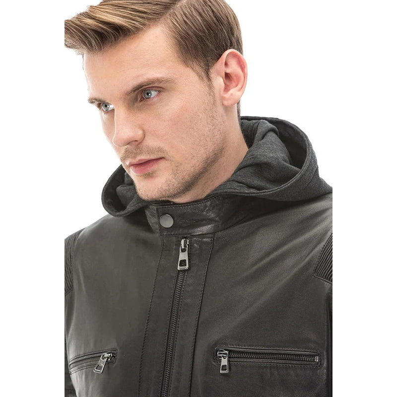 Men’s Real Black Leather Hooded Vegetal Jacket
