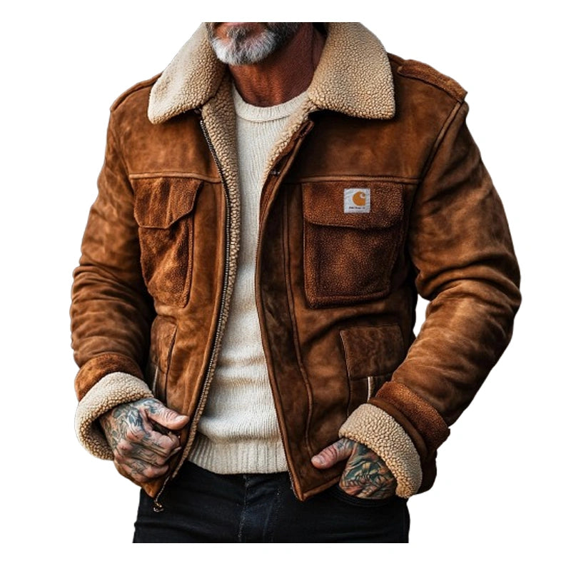 Men's Vintage Suede Patchwork Lamb Fleece Multi-Pocket Reverse Collar Outdoor Jacket