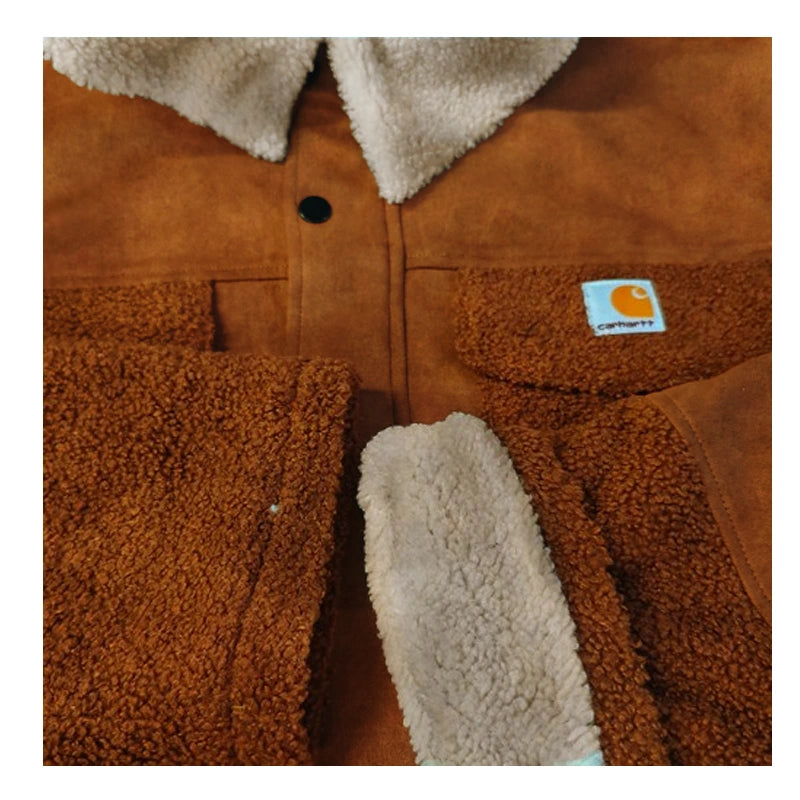 Men’s Vintage Suede Patchwork Lamb Fleece Multi-Pocket Reverse Collar Outdoor Jacket
