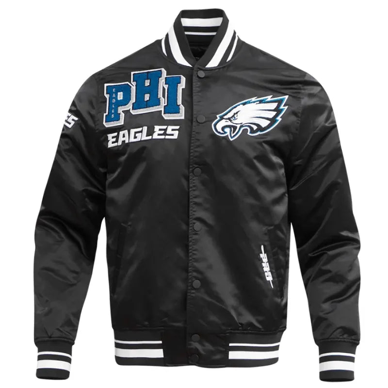Philadelphia Eagles Black Satin Varsity Jacket Front
