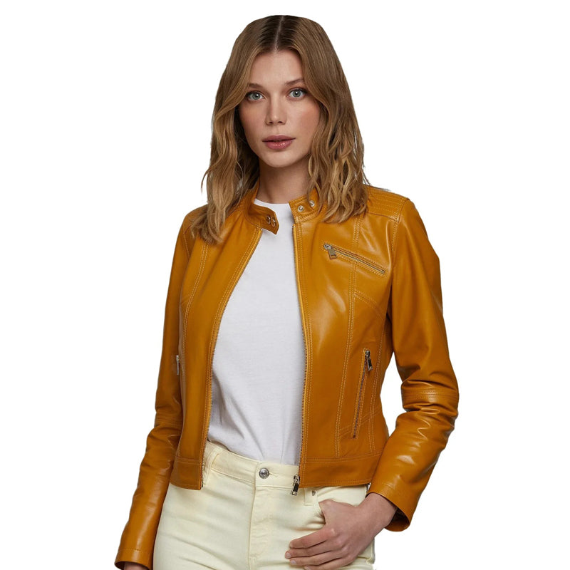 Women’s Real Windsor Tan Leather Biker Jacket