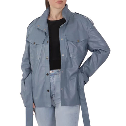 Womens Pastel Blue Leather Jacket
