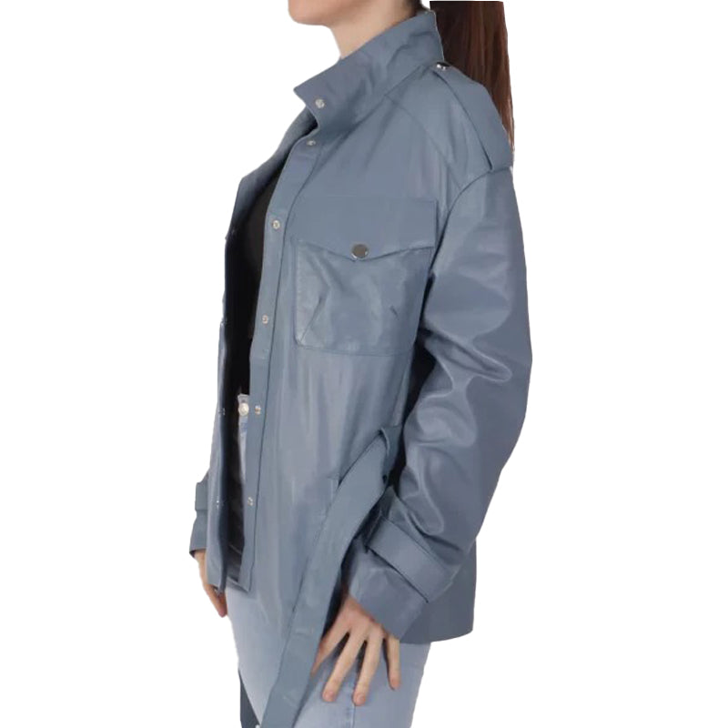 Womens Pastel Blue Leather Jacket
