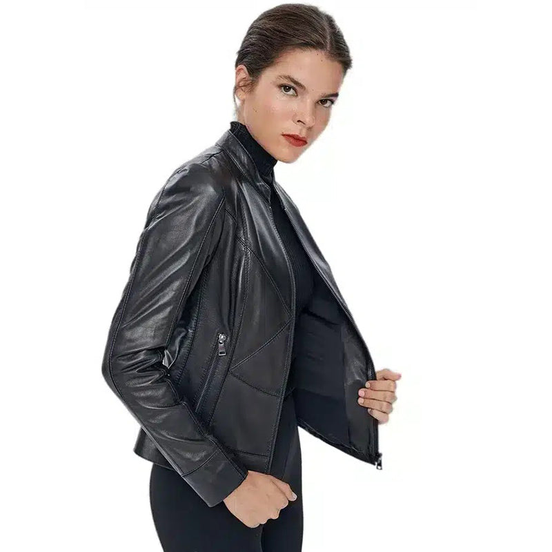 Women’s Real Black Leather Cafe Racer Jacket