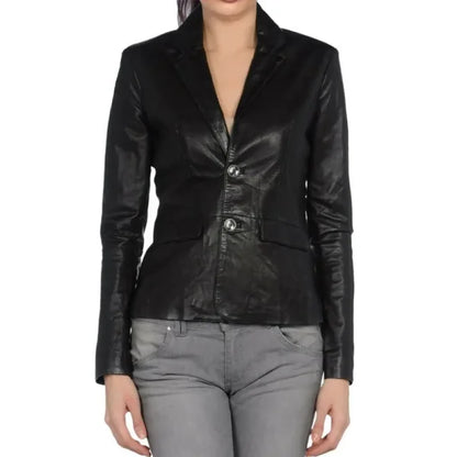 Women Black Genuine Leather Blazer
