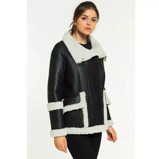 Women’s Black Leather White Shearling Coat