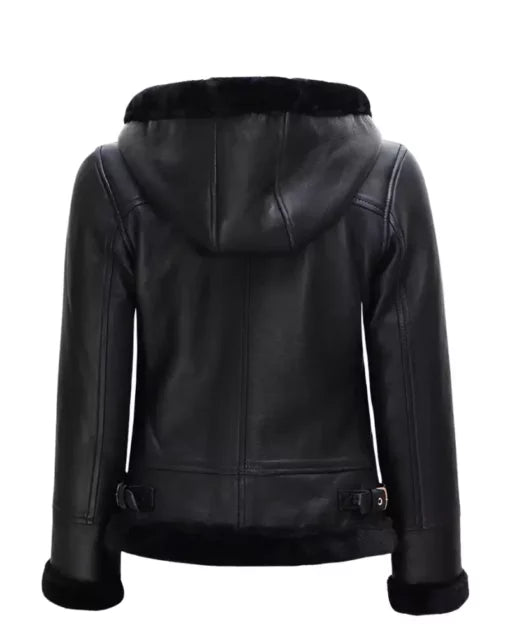 Women’s Black Shearling Leather Jacket With Hood