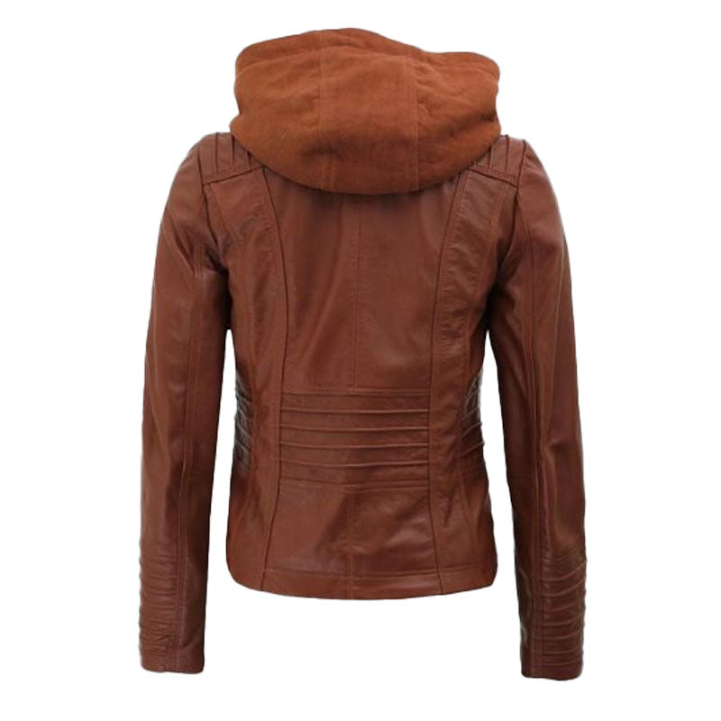 Womens Cafe Racer Detachable Leather Hooded Jacket