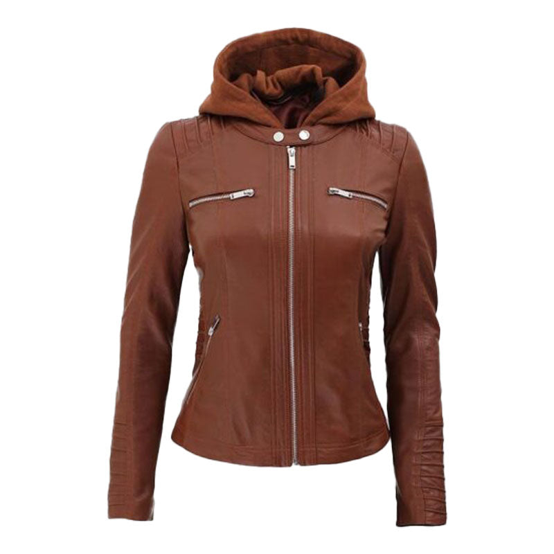 Womens Cafe Racer Detachable Leather Hooded Jacket