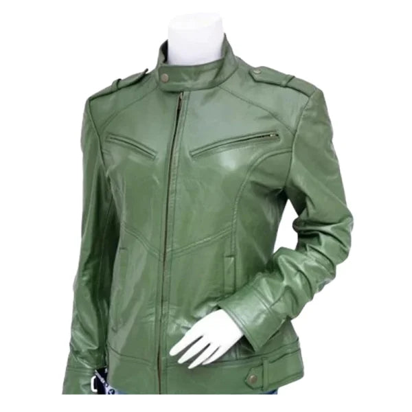 Womens-Green-Biker-Leather-Jacket