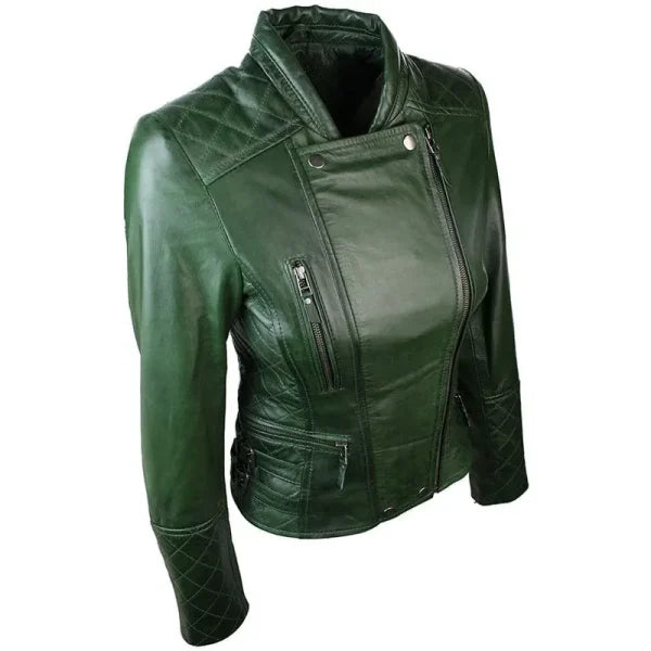 Women’s Green Leather Biker Quilted Jacket