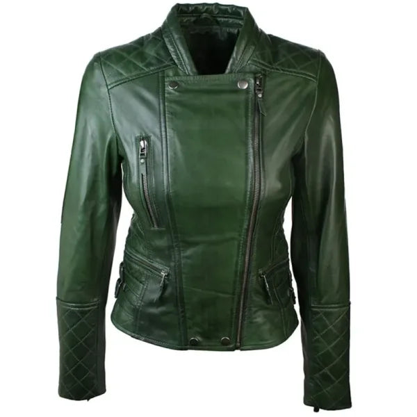 Womens-Green-Leather-Biker-Quilted-Jacket