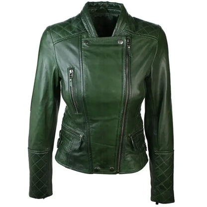 Womens-Green-Leather-Biker-Quilted-Jacket