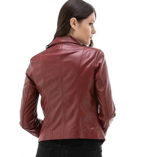 Women’s Real Dark Red Leather Biker Jacket