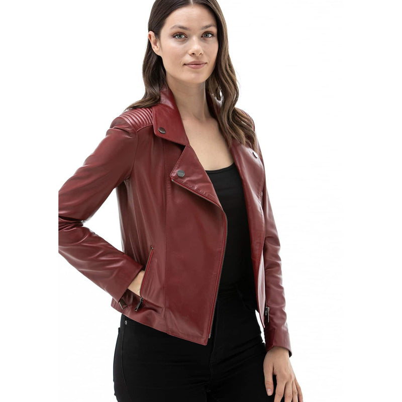 Women’s Real Dark Red Leather Biker Jacket