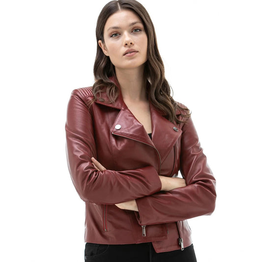 Women’s Real Dark Red Leather Biker Jacket