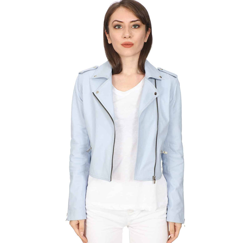 Women’s Real Ice Blue Leather Biker Jacket