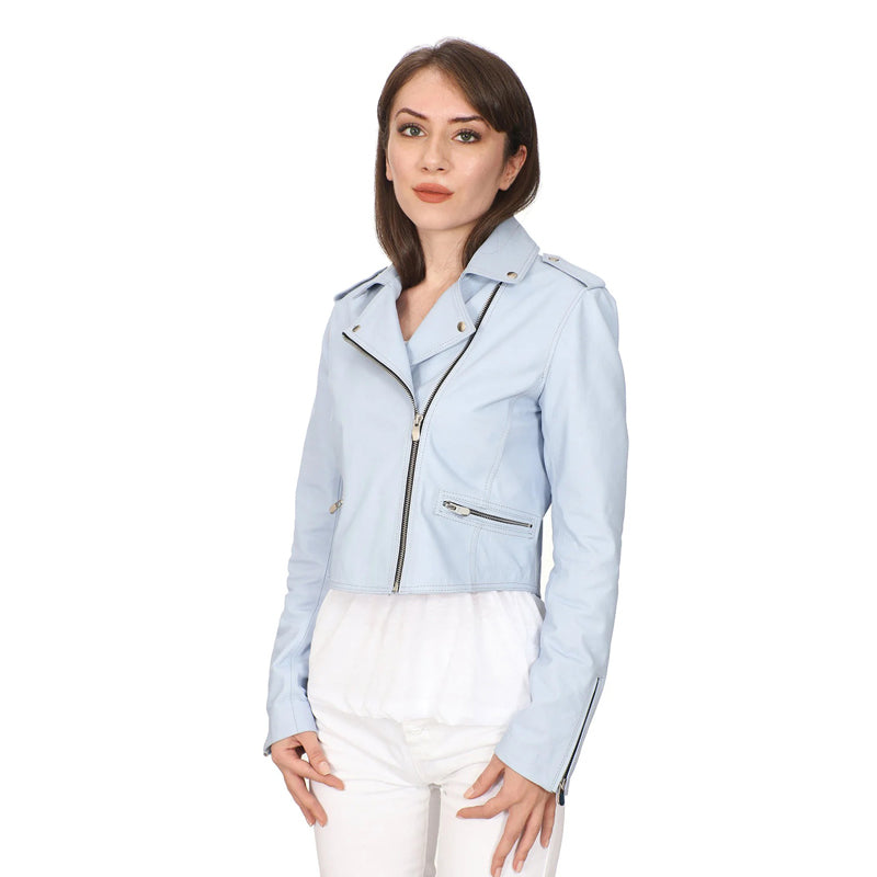 Women’s Real Ice Blue Leather Biker Jacket